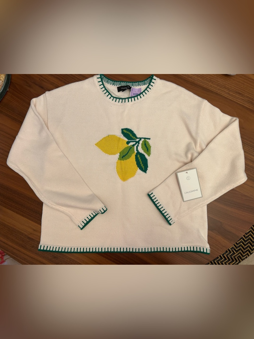 Cream Crewneck Sweater with Yellow Lemon Motif and Green Trim